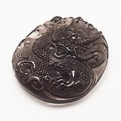 彫り加工天然石オブシディアンビッグサイズペンダントトップ  ドラゴン  52x47x12mm  穴：2mm&nbsp;G-G660-57