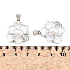 真鍮マイクロパヴェクリアキュービックジルコニアペンダント  エナメル & ABS プラスチック模造パール付き  花のチャーム  ラックめっき  長持ちメッキ  鉛フリー＆カドミウムフリー  プラチナ  23.5x20x7.5mm  穴：5x3.5mm&nbsp;KK-CBA6A75-53C-P