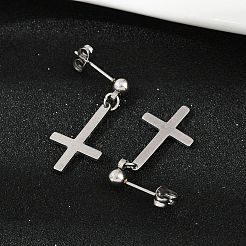 クリスチャン逆十字201ステンレススチールダングルスタッドピアス  304ステンレスピン付き  ステンレス鋼色  27.5x12.5mm&nbsp;EJEW-P314-01A-P