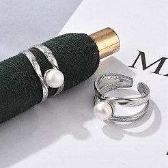 304ステンレススチールカフリング  淡水パールビーズ付き  ステンレス鋼色  10mm  内径：17.5mm&nbsp;RJEW-S396-03P