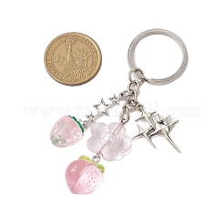 透明樹脂アクリルパーツキーホルダー  鉄キーリング付き  イチゴと花と桃  アンティークシルバー＆プラチナ  9.5cm&nbsp;KEYC-JKC00841