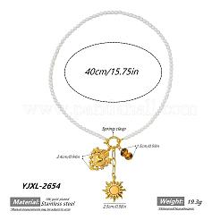 304ステンレススチール製聖心サンペンダント、ホワイトガラスビーズネックレス（女性用）  18KGP本金メッキ  15.75インチ（40cm）&nbsp;WG88FB4-01