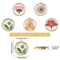 透明クリアエポキシ樹脂ペンダント10個5色  エッジは金メッキの真鍮ループと金箔付き  内側に花が付いたフラットラウンドチャーム  ミックスカラー  33.8x30x4mm  穴：2.5mm  2個/カラー&nbsp;RESI-YW0005-03