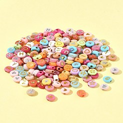 200個の不透明なアクリルビーズ  文字/月/星/ハートの付いたフラットラウンド  ミックスカラー  6.5~7x7x3~4mm  穴：1.5~1.8mm&nbsp;PACR-FS0001-03