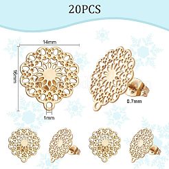 304ステンレススチールスタッドピアス金具  ピアスキャッチとカン付き  花  ゴールドカラー  16x14mm  穴：1mm  ピン：0.7mm  20個/箱&nbsp;STAS-UN0002-22G