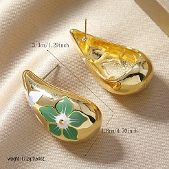 エレガントなティアドロップ型の花柄合金スタッドピアス  グリーン  33x18mm&nbsp;HV4164-3