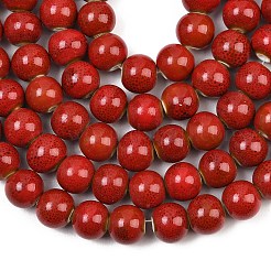 手作りファンシーアンティーク施釉ラウンドセラミック陶器ビーズ連売り  レッド  12~13mm  穴：2mm  約30個/連  12~13インチ&nbsp;PORC-L019-13mm-08