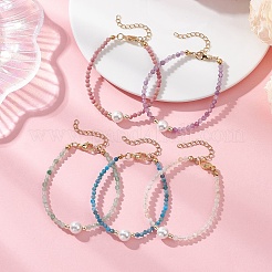 宝石ビーズのブレスレット  ラウンド  シェルパールビーズ付き  ゴールドカラー  ミックスカラー  6-7/8インチ（17.5cm）&nbsp;BJEW-JB12956