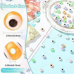 70個 7色の蓄光＆プリント不透明アクリルビーズ  丸い目  暗闇で光る  ミックスカラー  6mm  穴：1.6mm  10個/カラー&nbsp;LACR-FS0001-01