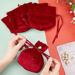 ドローストリングとプラスチックイミテーションパールのベルベットジュエリーバッグ  ベルベット布ギフトポーチ  暗赤色  13.2x14x0.4cm&nbsp;TP-NB0001-20A