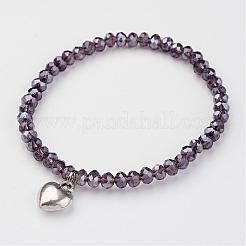 ガラスビーズストレッチブレスレット  合金ハートチャーム付き  ミックスカラー  41mm（1-5/8インチ）&nbsp;BJEW-JB02450