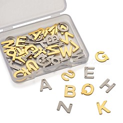 304ステンレススチールアルファベット文字チャーム  ゴールデン·ステンレス鋼色  a～zの文字  11~12x5.5~11x0.5~0.8mm  穴：1mm  2色  26文字  2个/レター  104個/箱&nbsp;STAS-YS0001-03