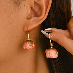 真鍮樹脂製ドロップピアス（女性用）  花  ドライフラワーの中に  ゴールドカラー  ピンク  35x18.4mm&nbsp;NB9245-2