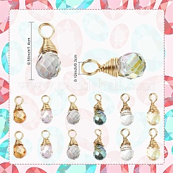 10個のガラスペンダント  ティアドロップ  ライトゴールド銅線付き  多面カット  クリアAB  14mm  穴：3mm&nbsp;PALLOY-YW00130-01