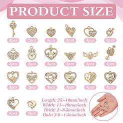 60pcs20スタイルアロイラインストーンペンダント  ハート  ゴールドカラー  10~25x12~19x1.8~3mm  穴：1.5~2.5mm  3個/スタイル&nbsp;FIND-PH0027-87