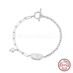 925スターリングシルバーチャームブレスレット  女性用ペーパークリップ＆アズキチェーンブレスレット  天然淡水パール  プラチナメッキ  7-1/8インチ（18.2cm）&nbsp;BJEW-D343-02P