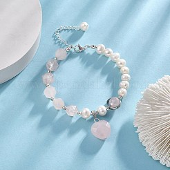 女性用天然パールビーズチェーン付き天然ローズクォーツハートチャームブレスレット  7-5/8インチ（19.4~19.5cm）&nbsp;BJEW-TA00255-02