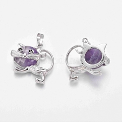 天然アメジスト子猫ペンダント  プラチナトーンの真鍮パーツ  漫画猫の形  28x30x9mm  穴：5x7mm&nbsp;G-J386-C02