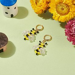 ガラスで編んだミツバチのダングル レバーバック イヤリング  女性のための金メッキ真鍮ワイヤー ラップ ジュエリー  きいろ  41mm  ピン：0.9mm&nbsp;EJEW-TA00126
