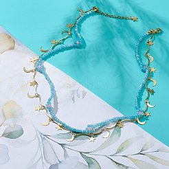 月と星のチャームとガラスの種の花の16.54重ネックレス  女性のための真鍮ジュエリー  淡いターコイズ  42インチ（{2}cm）&nbsp;NJEW-JN04054