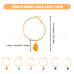 6 ペア 6 スタイル天然混合宝石ナゲットダングルフープピアス  黄金の鉄のイヤリング  45~48mm  1ペア/スタイル&nbsp;EJEW-AB00050