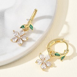 花柄真鍮製マイクロパヴェキュービックジルコニアフープピアス（女性用）  ラックめっき  長持ちメッキ  鉛フリー＆カドミウムフリー  18KGP本金メッキ  24x10.5mm&nbsp;EJEW-A167-13G-02