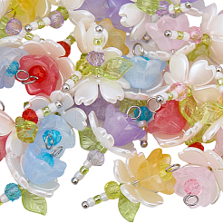 40個 5色アクリル&ABSプラスチック模造真珠ペンダント  花  プラチナ真鍮ループ付き  ミックスカラー  26mm  穴：2.5mm  8個/カラー&nbsp;FIND-BM0001-51