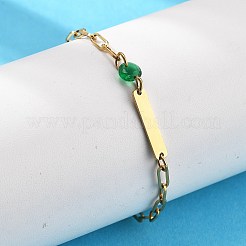 304ステンレススチールペーパークリップチェーンブレスレット  女性用・男性用長方形リンクブレスレット  キュービックジルコニア付き  18KGP本金メッキ  グリーン  6-3/8インチ（16.1cm）&nbsp;BJEW-A035-04G-03