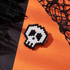 ハロウィーンの頭蓋骨ガラスシードビーズブローチ  鉄のピン付き  ホワイト  22x21mm&nbsp;JEWB-BR00166