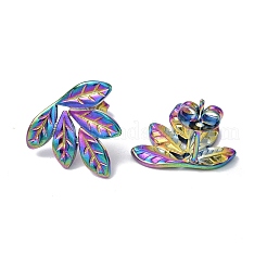イオンプレーティング（IP）304ステンレススチール製リーフスタッドピアス（女性用）  虹色  14x16mm  ピン：0.7mm&nbsp;EJEW-F300-13MC
