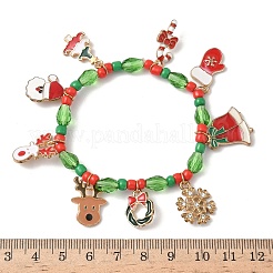 クリスマス合金エナメルチャームブレスレット  女性用プラスチックとガラスのシードビーズストレッチブレスレット  ライトゴールド  内径：1-3/4インチ（4.5cm）&nbsp;LS-BJEW-B155-01A-KCG