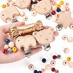 166個6スタイル塗装ラウンドナチュラルラウンドウッドビーズ  スター＆ベア＆エレファント＆キャットヘッドベビーおしゃぶりホルダークリップとナイロンコード付き  DIYニップルクリップ作成用  ミックスカラー  ビーズ：166個/袋&nbsp;WOOD-LS0001-42