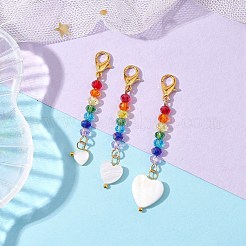 淡水シェルペンダント装飾  合金カニカンとガラスビーズ付き  ハート  48~57mm  3個/セット&nbsp;HJEW-JM01644-02