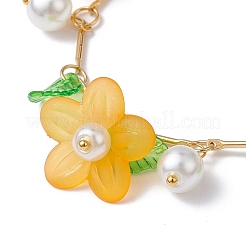 アクリルフラワー＆ガラスパールチャームブレスレット  真鍮のチェーン入り  オレンジ  6-7/8~7-1/8インチ（17.5~18cm）&nbsp;BJEW-JB10054-05