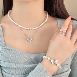 バタフライ合金、カイヤナイト、プラスチックパールペンダントネックレス、スタッドピアス、リンクブレスレット、リングセット  銀  400mm&nbsp;FS-WG8099C-01