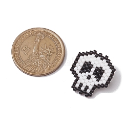 ハロウィーンの頭蓋骨ガラスシードビーズブローチ  鉄のピン付き  ホワイト  22x21mm&nbsp;JEWB-BR00166
