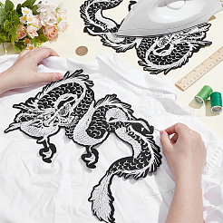 ドラゴンのポリエステル刺繍縫い付けパッチ  マスクと衣装のアクセサリー  アップリケ  ライトグレー  340x208mm&nbsp;PATC-WH0008-228B