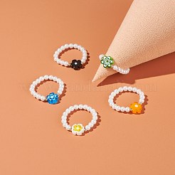 シェルパールストレッチフィンガーリング  女性のための手作りのミルフィオリガラスフラワービーズフィンガーリング  ミックスカラー  usサイズ7 3/4(17.9mm)&nbsp;RJEW-TA00019