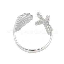 304ステンレススチール製ヒトデと貝殻のオープンカフリング、女性用  ステンレス鋼色  内径：18mm&nbsp;RJEW-C095-09P