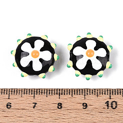 手作りランプワークビーズ  花付き凸凹したフラットラウンド  ブラック  18.5~20x10~11mm  穴：1mm&nbsp;LAMP-T023-25A