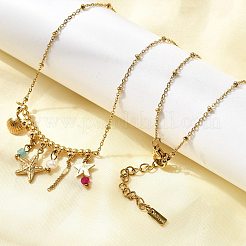 304ステンレススチール製ヒトデ貝殻型ペンダントビブネックレス（女性用）  ABSイミテーションパール＆ガラス付き  イオンプレーティング（ip）  カラフル  18KGP本金メッキ  16.73インチ（42.5cm）&nbsp;NJEW-K255-58G