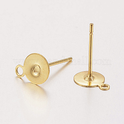 304ステンレススチールスタッドピアス金具  カン付き  フラットラウンド  24KGP本金メッキ  8.5x6x0.3mm  穴：1.2mm  ピン：0.8mm&nbsp;STAS-F162-44G