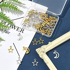 50 個のチベットスタイル合金チャーム  鉛フリー及びカドミウムフリー  スター＆ムーン  ミックスカラー  14.5~17x11~12x1mm  穴：1.5~2mm&nbsp;TIBEP-FS0001-30