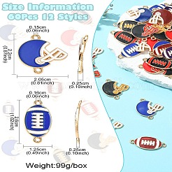 60個 12スタイル 亜鉛合金エナメル スポーツコネクタチャーム  ラグビー＆バッティングヘルメット  ライトゴールド  ミックスカラー  22~26x12.5~20.5x2.5mm  穴：1.5~1.6mm  5個/スタイル&nbsp;FIND-CJ0003-78