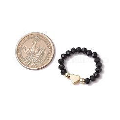 女性用ガラス＆真鍮ビーズストレッチリング  ハート  ブラック  内径：23mm&nbsp;RJEW-JR00858-01