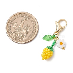 ひまわりのつぼみのアクリルガラスシードビーズペンダント装飾  合金製カニカン付き  ゴールドカラー  きいろ  40mm&nbsp;HJEW-MZ00229-01