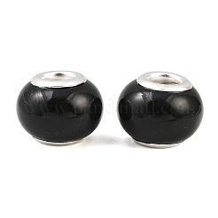 スプレープリントガラスヨーロピアンビーズ  真鍮のシルバーのコアを持つ  大穴ビーズ  ロンデル  ブラック  14~15x12mm  穴：5mm&nbsp;X-GPDL-R001-11S