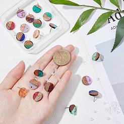 10ペア 10色 樹脂＆クルミ材スタッドピアス金具  304ステンレススチールピンとプラスチックイヤーナット600個付き  フラットラウンド  ミックスカラー  14mm  穴：1.8mm  ピン：0.7mm  1ペア/カラー&nbsp;RESI-OC0001-05