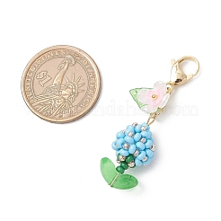 花のガラスパールとシードビーズのペンダント装飾  亜鉛合金カニカン付き  ライトスカイブルー  53mm&nbsp;HJEW-MZ00274-02