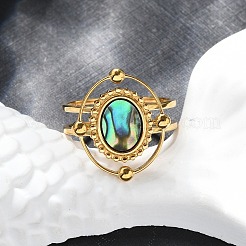 女性用楕円形 304 ステンレススチール パウア貝指輪  イオンプレーティング（ip）  18KGP本金メッキ  18x16mm  usサイズ6（16.5mm）&nbsp;RJEW-G346-09G-01
